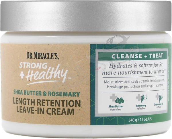 Dr.Miracle's Strong & Healthy Length Retention Leave In Cream. Contains Shea Butter Rosemary and Grapeseed oil.